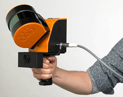 An outstretched arm holding the Zeb Horizon, a GeoSLAM hand-held SLAM scanner.