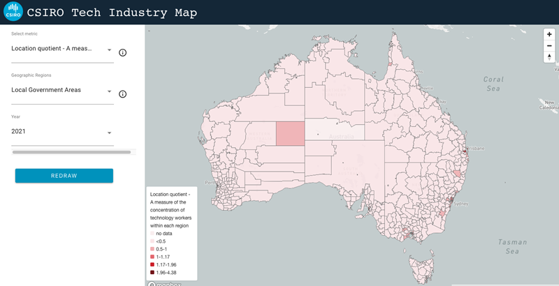 A screen capture of the CSIRO Tech Industry map, showing a map of Australia and areas defined by the number of technology workers per Local Government Area