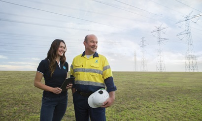 Two people standing in a field underneath power line. 