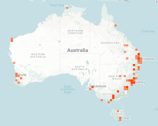 Map of Australia with sections highlighted to show where Wild Watch observations were made across the country. 