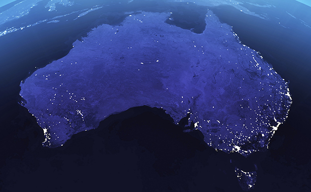 Graphic of map of Australia with bright lights to show population hubs