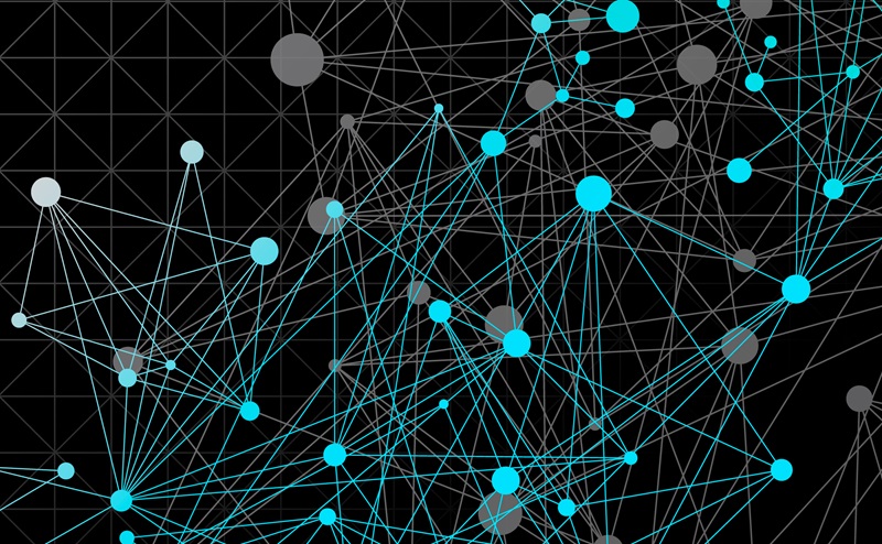Diagram of nodal connections in blue, grey and white on a black background.