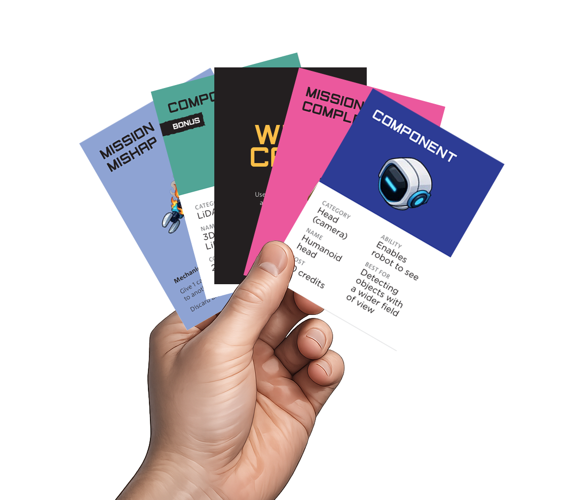 Photograph of a hand holding five colourful cards fanned out, each labelled with different categories such as "COMPONENT" and "MISSION." Cards feature small illustrations, category titles, and descriptive text outlining abilities or mission details, with colours including blue, pink, teal, and black.