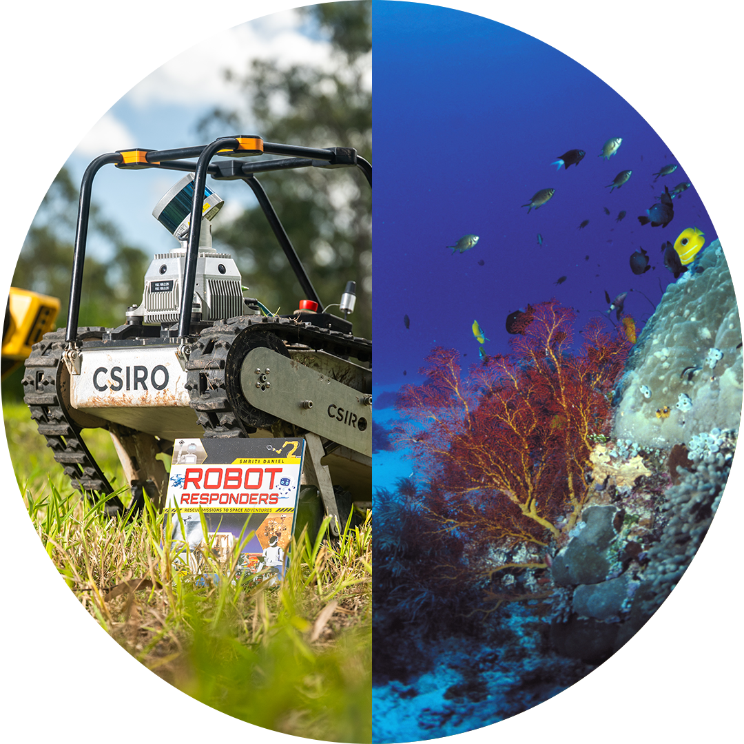 A split photograph showing a CSIRO robotic vehicle on grass in an outdoor setting on the left, and a vibrant underwater coral reef with various fish swimming on the right.