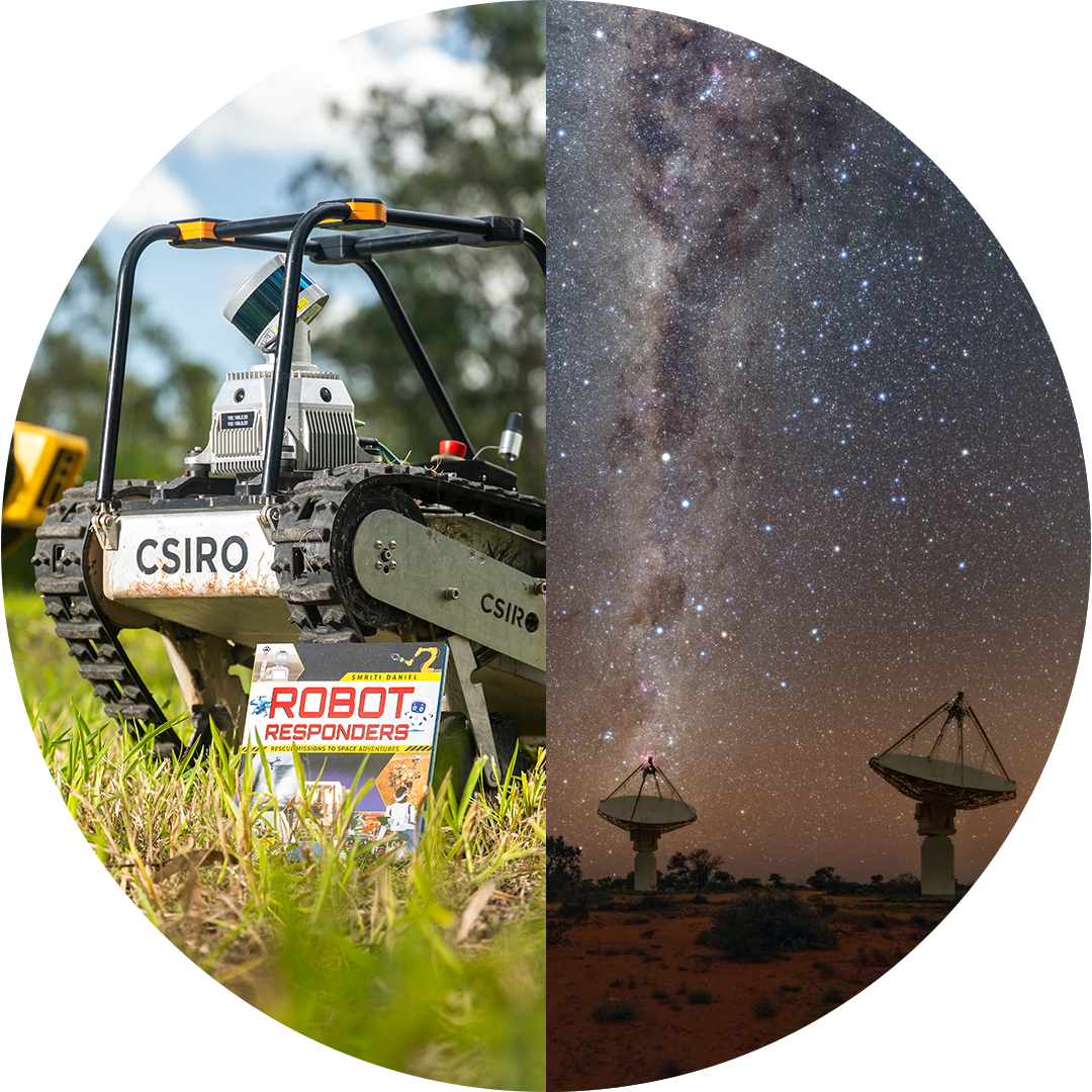 Photograph split into two circular halves showing a CSIRO robotic vehicle on grass with a "Robot Responders" sign on the left, and radio telescopes under a starry night sky with the Milky Way visible on the right.