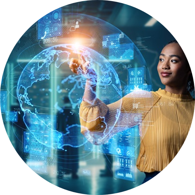 Decorative image of a woman interacting with an AI display screen system.