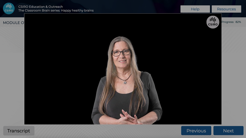 Image of Dr Dana Bradford on a black background presenting the Classroom Brain series, CSIRO logo top right.