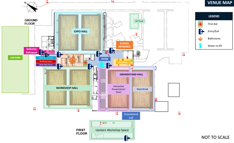 Figure 1: Floor plan of the PVRSC showing the expo hall, workshop hall, grandstand hall, upstairs workshop space, school & industry entrance, multi-faith room, bathrooms, foyer, kitchen and the car park.