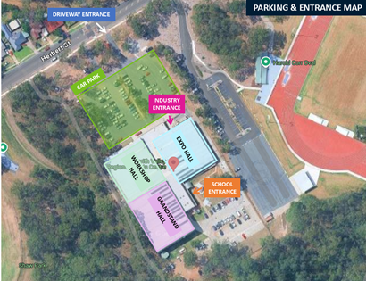 Figure 2: Map taken from Google Maps showing the PRVSC building in location to the main road (Herbert St). Image shows driveway, car park, expo hall, workshop hall, grandstand hall, school entrance and the industry entrance.  
