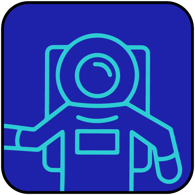 Outline of an astronaut with arms outstretched inside a rounded square.