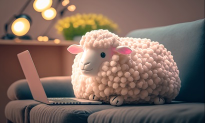 A toy sheep sits in front of a small laptop on a couch