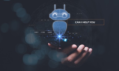 An AI generated image of a digital robot avatar sits over a human hand and asks 'can I help you?'