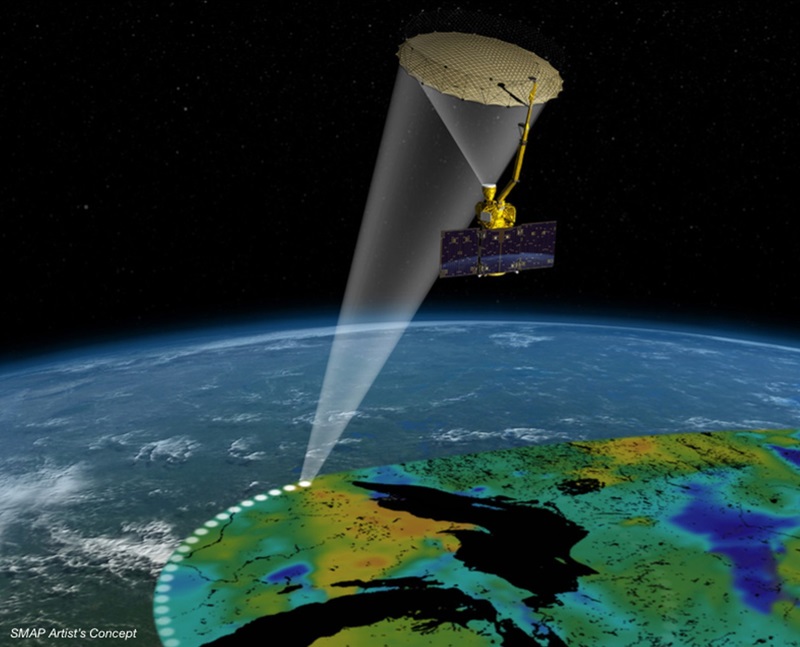Artists concept drawing of the NASA Soil Moisture Active Passive (SMAP) Mission showing a satellite with a beam of light indicating scanning or monitoring sections of earth from space to measure soil moisture. 