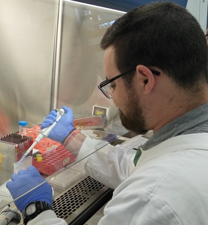 man working in laboratory using pipette in chemical fume hood