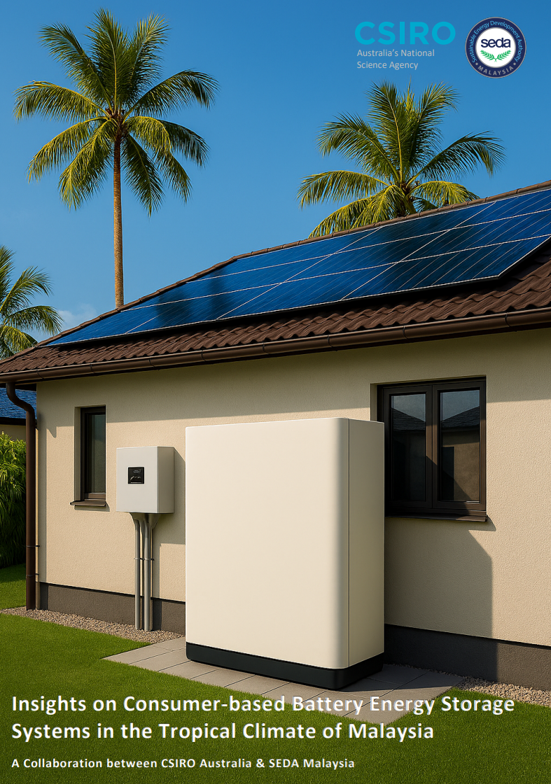 Report cover page showing an artist impression of a large battery storage system installed against the outside wall of a house with solar panels visible across the roof. Report title shown at bottom: 'Insights on Consumer-based Battery Energy Storage Systems in the Tropical Climate of Malaysia. A Collaboration between  CSIRO Australia & SEDA Malaysia'. CSIRO logo and SEDA logo in the top right corner. 