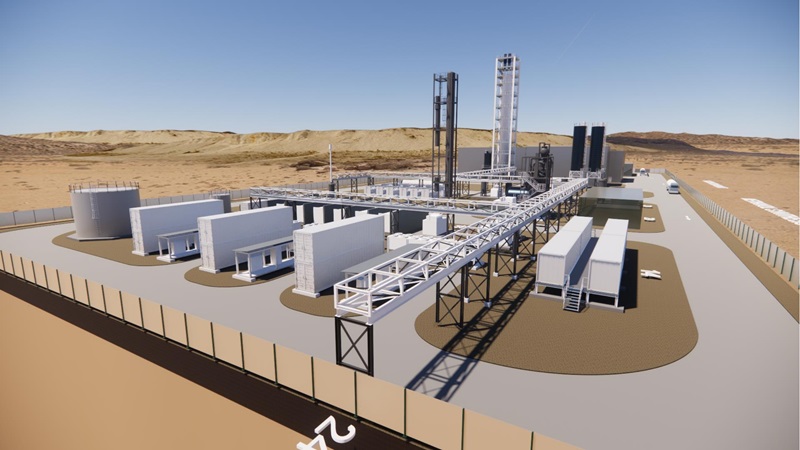 Computer generated image of proposed green methanol demonstration facility in a rural landscape.