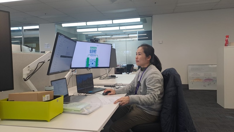 Woman in front of computer concentrating.