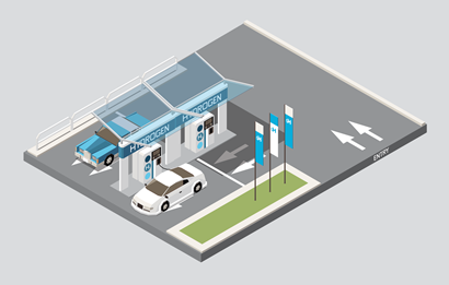 Illustration of a hydrogen refuelling station with two cars.