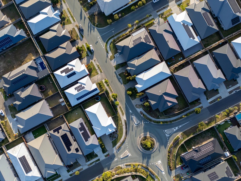 Aerial of suburban development.
