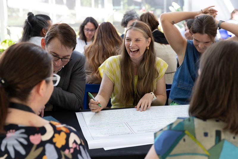 A group of people sitting at a table writing on a large sheet of paper in a brainstorming session.