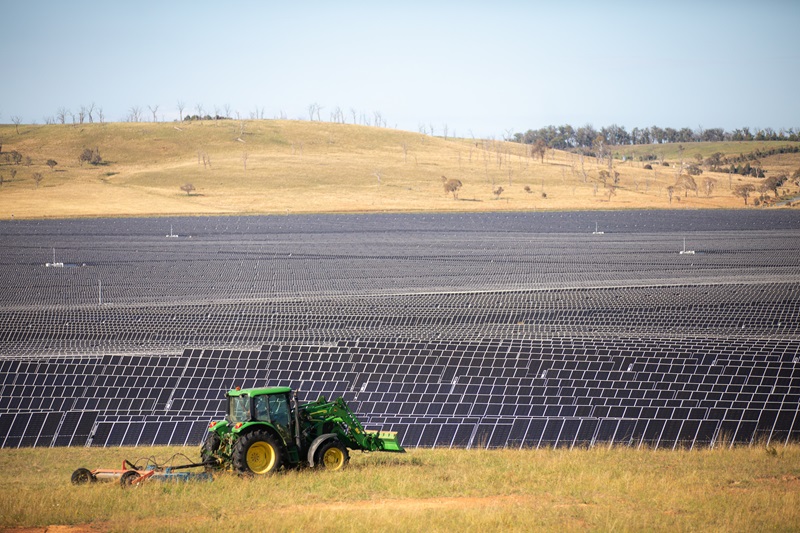 Tractor drives along, in front of a solar farm with many panels in a field under a blue sky.