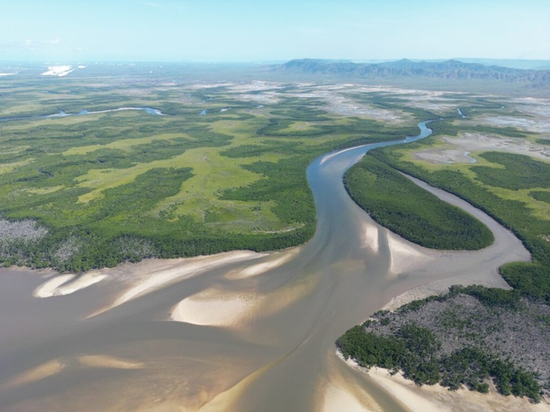 An estuary surrounded by the ocean one side, and trees and grass on the other. 