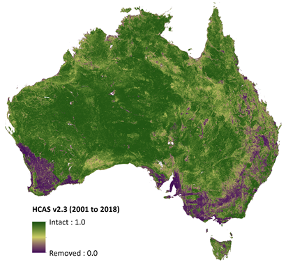 Map of Australia produced from the Habitat Condition Assessment System showing a mostly green across the country indicating intact habitat with purple sections indicating removed habitat.