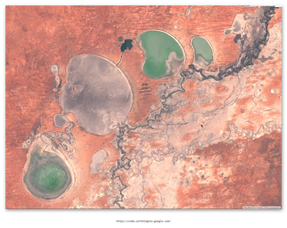 Murray Darling Basin featuring blue-green algae at Menindee. Pictured from above: a satellite image on 4th January 2019. Generated with Google Earth Engine using free Sentinel 2 satellite data.