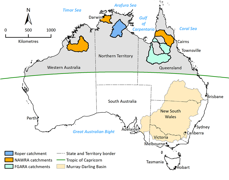 This map shows where the Roper River catchment is located on a map of Australia, relative to other significant catchments across Northern Australia. The catchment is located just beneath the north-eastern tip of the Northern Territory, and appears about 500 kilometres in length. 