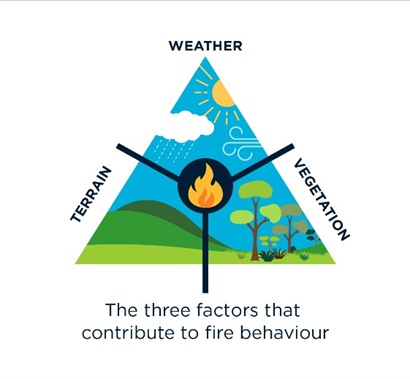 triangle graphic showing weather, vegetation and terrain as three factors that contribute to fire behaviour