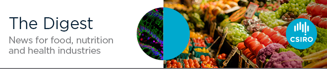 Banner for The Digest newsletter. Left hand side of the banner displays text on white background: The Digest News for food, nutrition and health industries. Right hand side shows a variety of fresh fruit and vegetables in baskets, and the CSIRO logo. Centre of image has a circle divided in half: blue on one half; false-colour scan of object on other half.