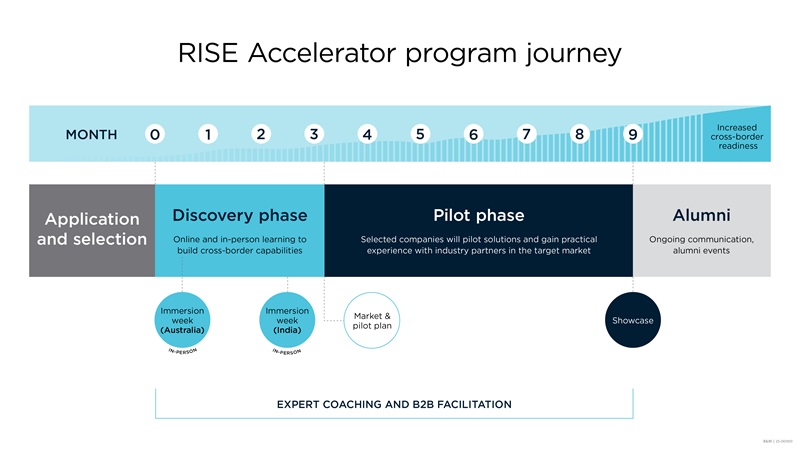 An infographic or linear overview that details the key phases and activities of the RISE Accelerator program over a nine-month period