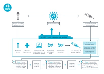 Inforgraphic showing the steps involved in the COVID-19 vaccine development, trials and manufacture.