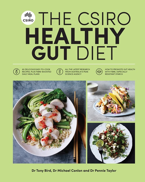 Front cover of the CSIRO Healthy Gut Diet book with book title and an image of some recipes