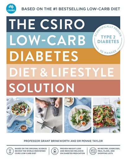 An image of the front cover of the CSIRO Low Carb Diabetes Lifestyle Solution Book Cover with images of food and a person lacing their shoes up with a hand weight in the background