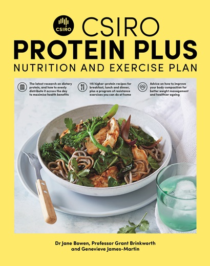 Front cover of the CSIRO Protein Plus Nutrition and Exercise Plan book with book title and an image of some recipes