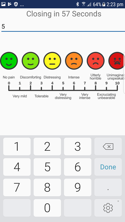A screenshot of the chronic pain intervention app, Pain ROADMAP, displaying different levels of pain.