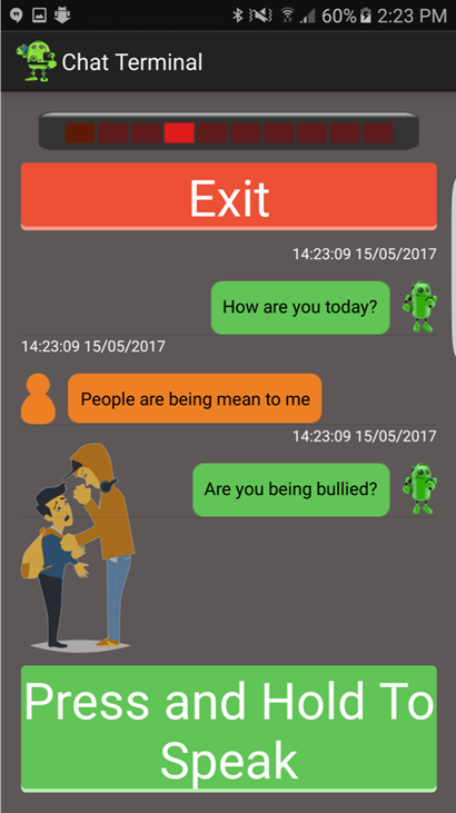 A screenshot of Harlie Chatbot smartphone app showing a conversation about bullying. 