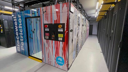 A room-sized box with the words "Petrichor" and Bracewell" and the CSIRO logo on the front, housing both High Performance Computing clusters