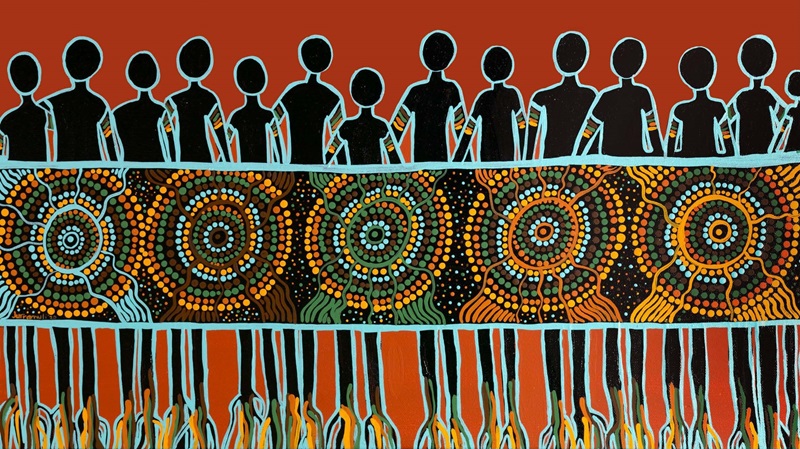 Aboriginal artwork with people and dot paintings 