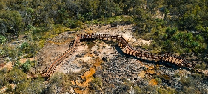 Aerial photo of the completed boardwalk across Talaroo Hot Springs. The hot springs are situated on Ewamian land in North West Queensland.