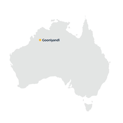 A map of the Australian landmass. In the north-west of the country is a drop-pin labelled 'Gooniyandi'.