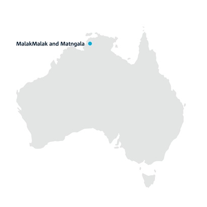 A map of the Australian landmass. In the north-west of the country with a drop-pin labelled 'MalakMalak and Mantgana'