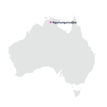 A map of the Australian landmass. In the north of the country is a drop-pin labelled 'Ngurrungurrudjba'.