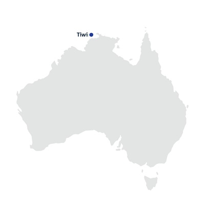 A map of the Australian landmass. In the north of the country is a drop-pin labelled 'Tiwi'.