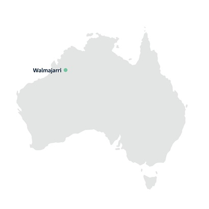 A map of the Australian landmass. In the north-west of the country is a drop-pin labelled 'Walmajarri'.
