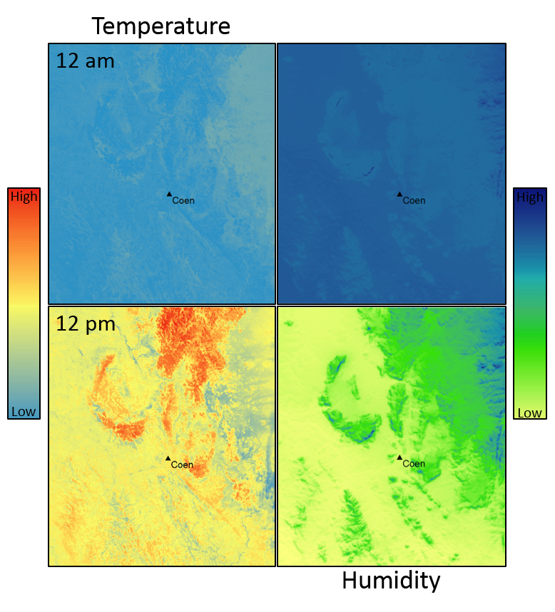 Graphic using colours to show temperature and humidity over a landscape