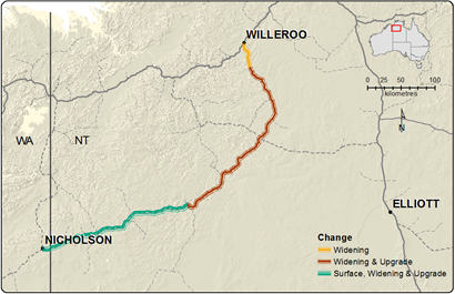 Map showing the Buntine Highway and sections considered for upgrade