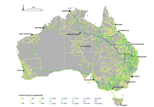 A map of Australia showing roads coloured according to level of activity of cattle trucks