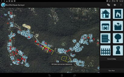 A topographic map image on a smart device showing houses among bushland with various digital markings added to the map